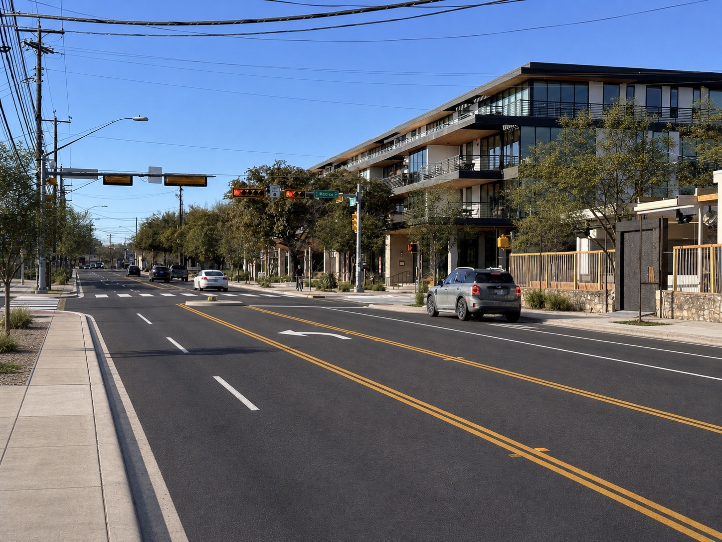 Conceptual rendering of South First with one through lane each way and a clearly marked center left-turn lane