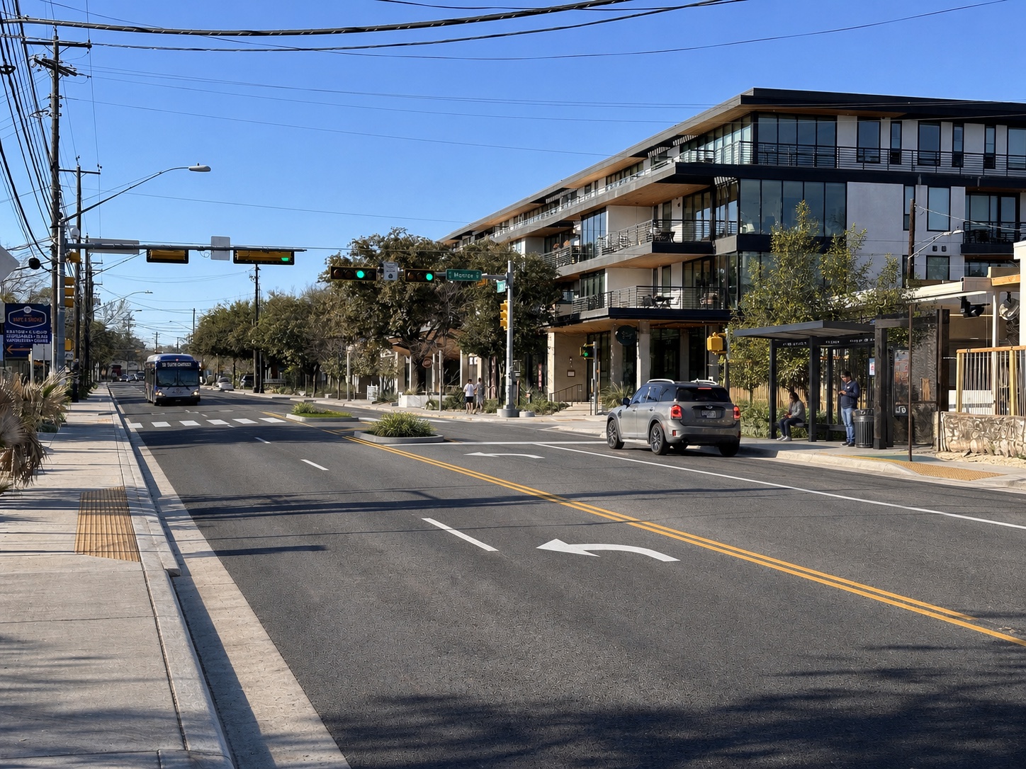 Conceptual rendering of South First with intermittent center turning space, a pedestrian refuge, and an accessible bus stop